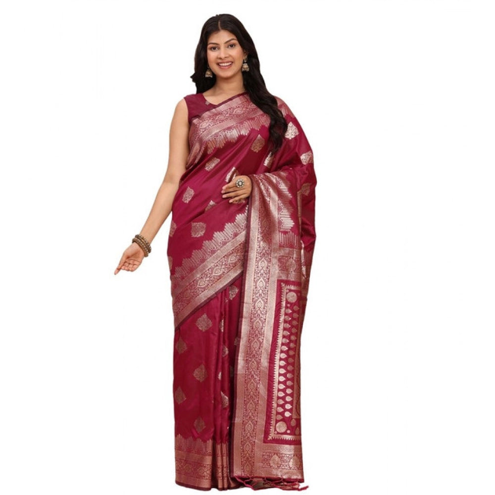 Generic Women's Banarasi Silk Printed Saree With Unstitched Blouse 5.5Mtr (Magenta)