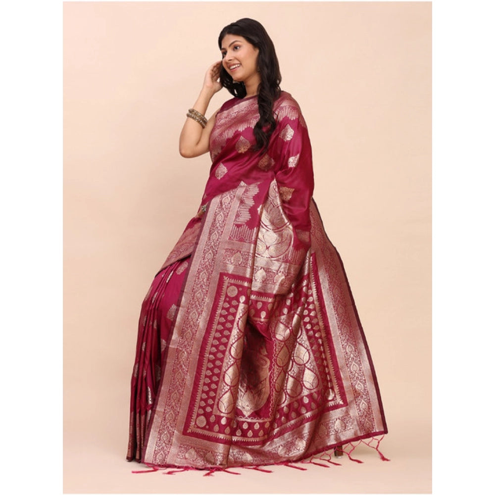 Generic Women's Banarasi Silk Printed Saree With Unstitched Blouse 5.5Mtr (Magenta)