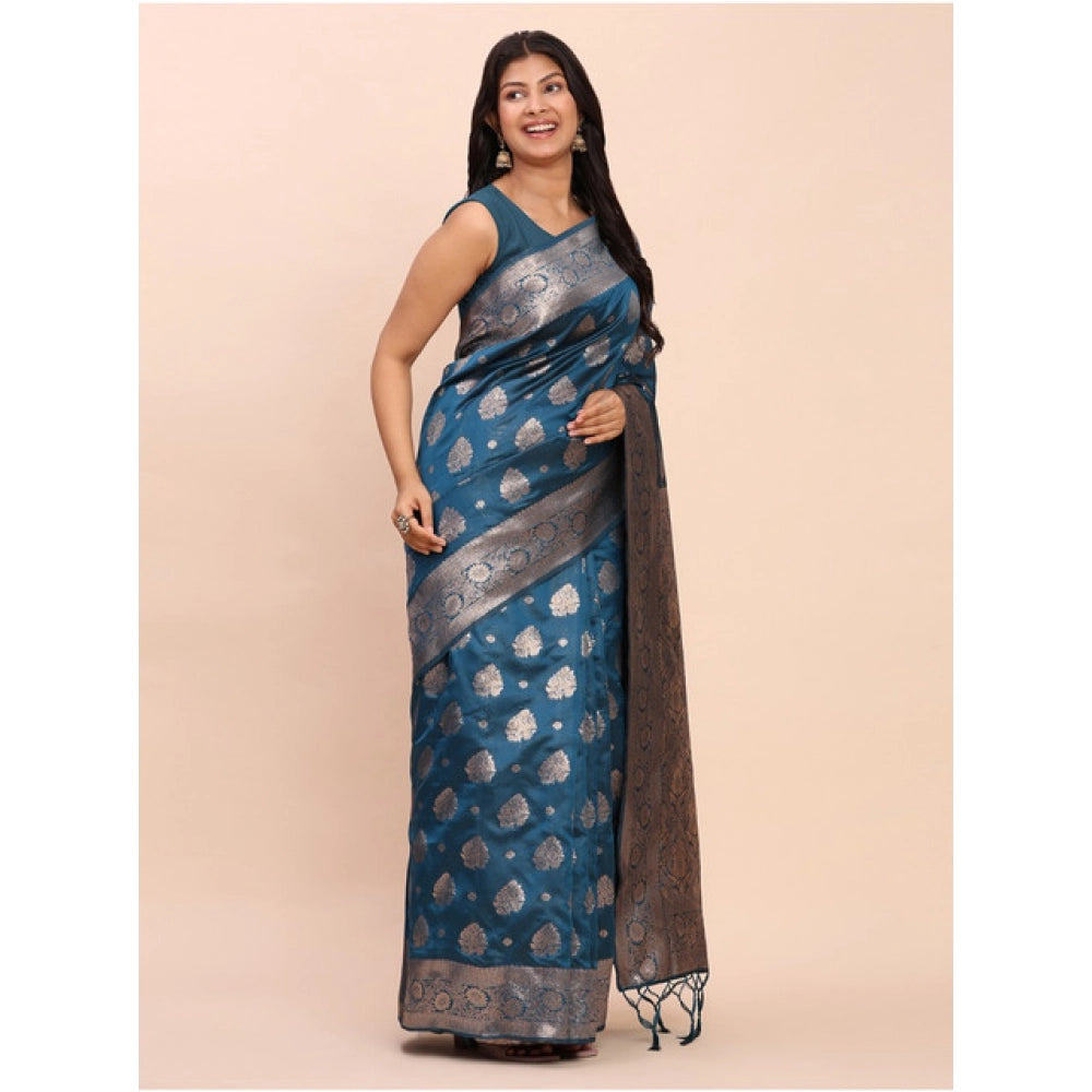 Generic Women's Banarasi Silk Printed Saree With Unstitched Blouse 5.5Mtr (Teal Blue)