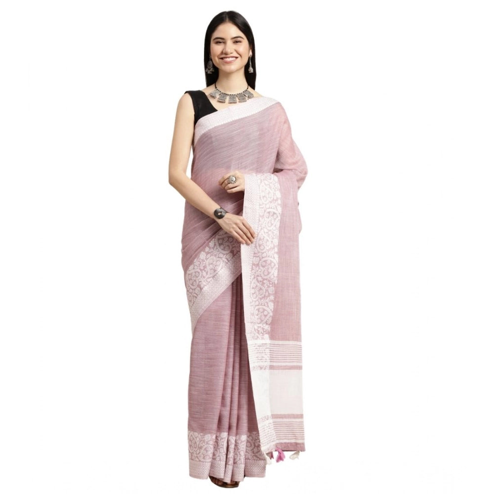 Generic Women's Linen Printed Saree With Unstitched Blouse 5.5Mtr (Purple)