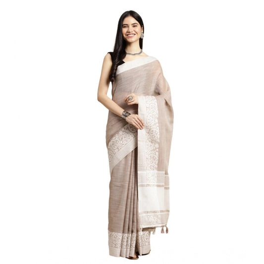 Generic Women's Linen Printed Saree With Unstitched Blouse 5.5Mtr (Beige)