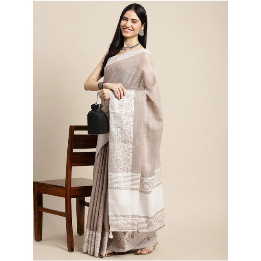 Generic Women's Linen Printed Saree With Unstitched Blouse 5.5Mtr (Beige)
