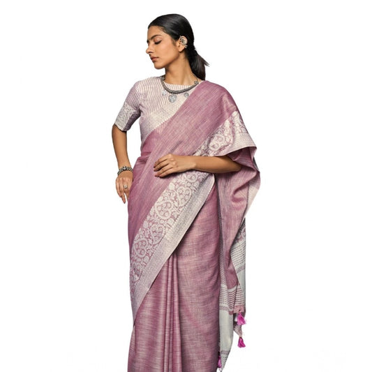 Generic Women's Linen Printed Saree With Unstitched Blouse 5.5Mtr (Purple)