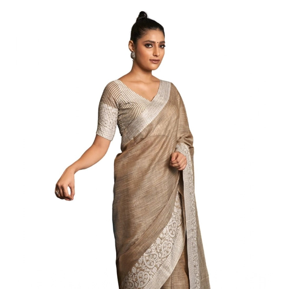 Generic Women's Linen Printed Saree With Unstitched Blouse 5.5Mtr (Beige)