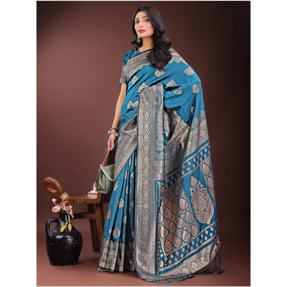 Generic Women's Silk Printed Saree With Unstitched Blouse 5.5Mtr (Teal)