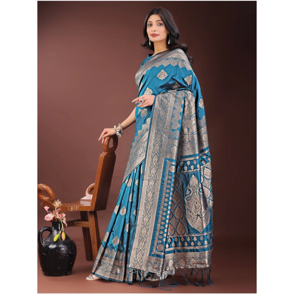 Generic Women's Silk Printed Saree With Unstitched Blouse 5.5Mtr (Teal)
