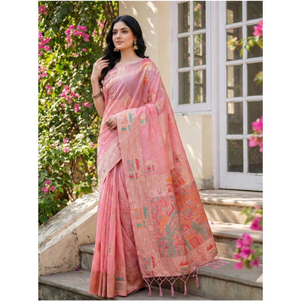 Generic Women's Linen Cotton Printed Saree With Unstitched Blouse 5.5Mtr (Pink)