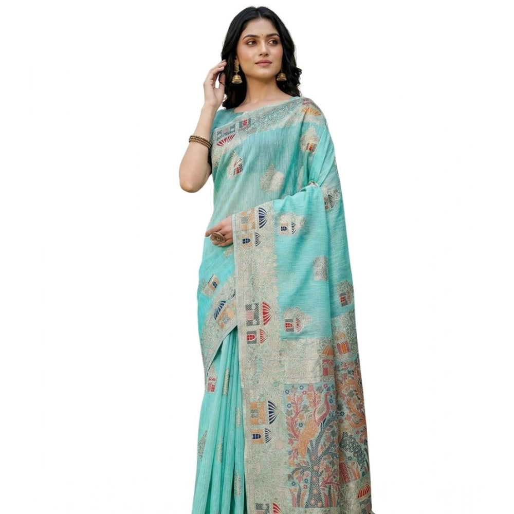 Generic Women's Linen Cotton Printed Saree With Unstitched Blouse 5.5Mtr (Sky Blue)