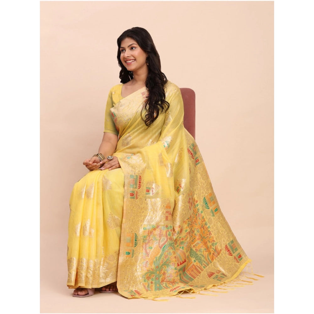 Generic Women's Linen Cotton Printed Saree With Unstitched Blouse 5.5Mtr (Yellow)
