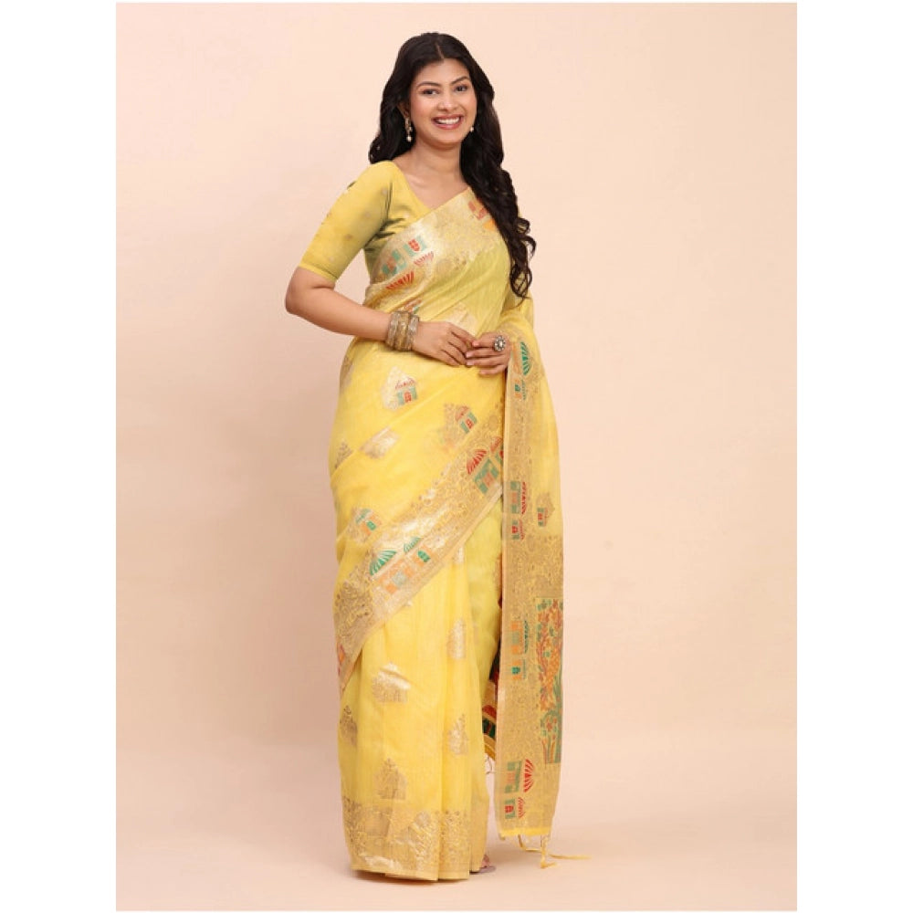 Generic Women's Linen Cotton Printed Saree With Unstitched Blouse 5.5Mtr (Yellow)
