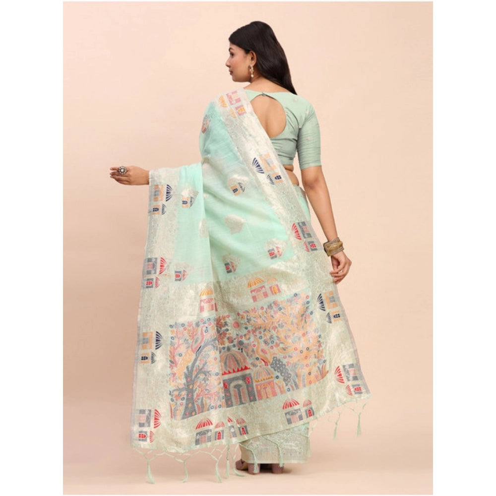 Generic Women's Linen Cotton Printed Saree With Unstitched Blouse 5.5Mtr (Sea Green)