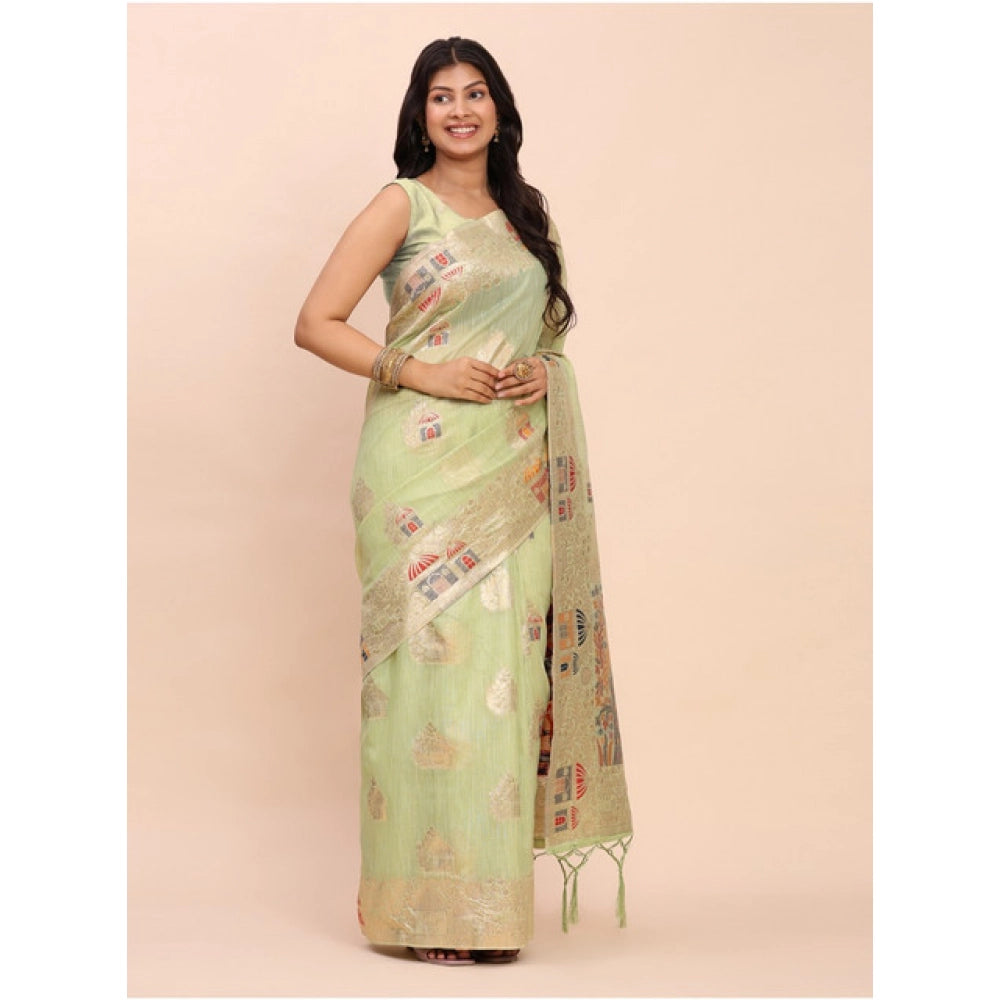 Generic Women's Linen Cotton Printed Saree With Unstitched Blouse 5.5Mtr (Light Green)
