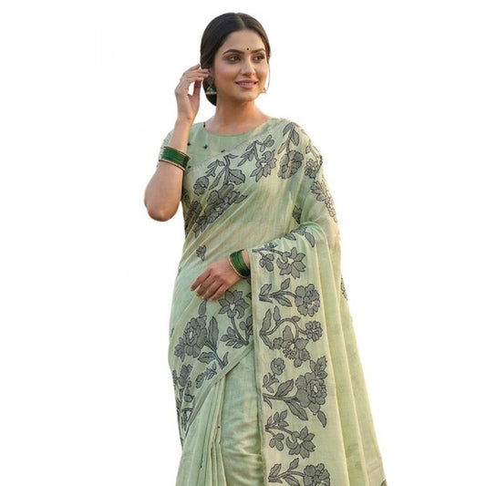 Generic Women's Linen Cotton Printed Saree With Unstitched Blouse 5.5Mtr (Light Green)