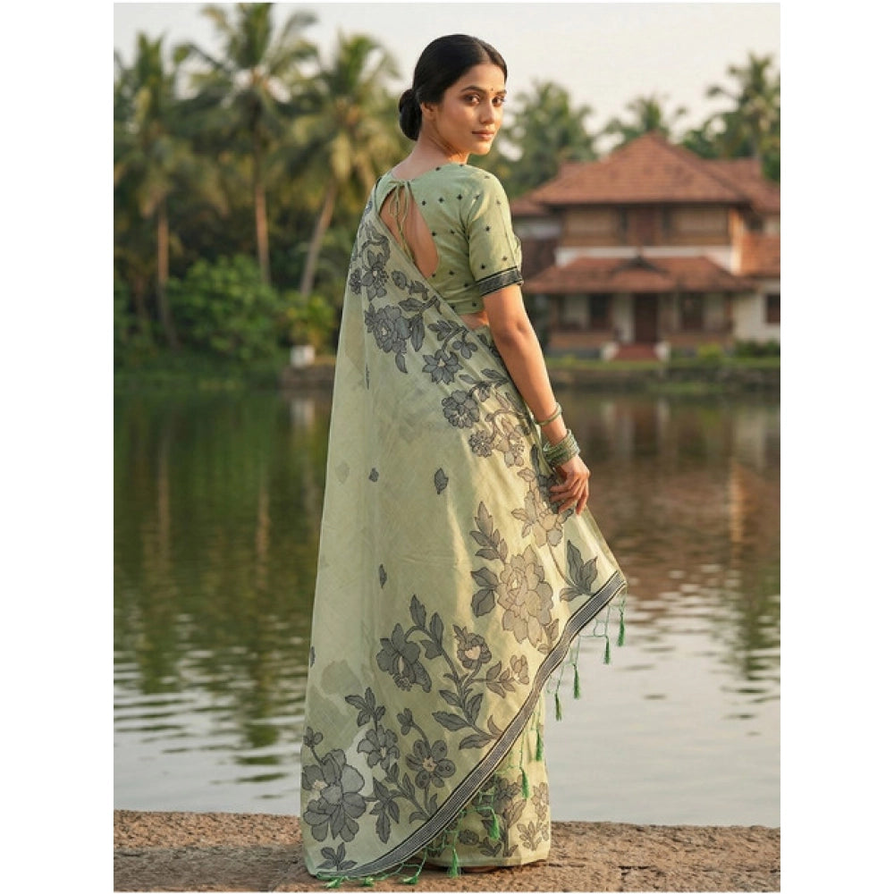 Generic Women's Linen Cotton Printed Saree With Unstitched Blouse 5.5Mtr (Light Green)