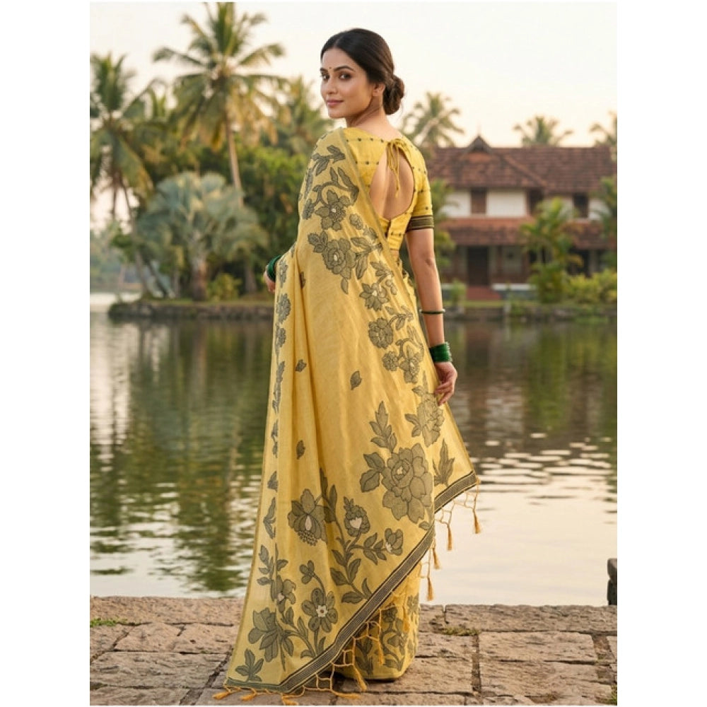 Generic Women's Linen Cotton Printed Saree With Unstitched Blouse 5.5Mtr (Yellow)