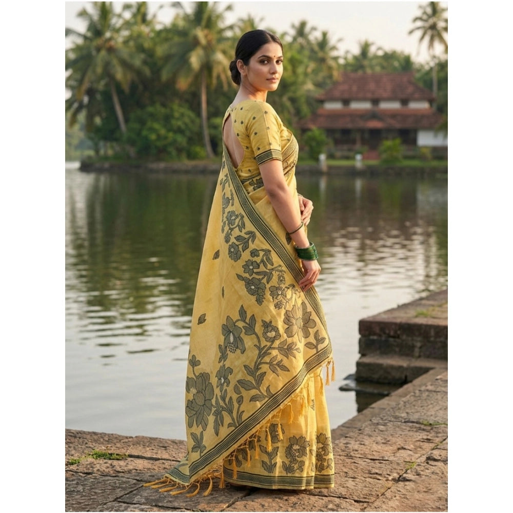 Generic Women's Linen Cotton Printed Saree With Unstitched Blouse 5.5Mtr (Yellow)