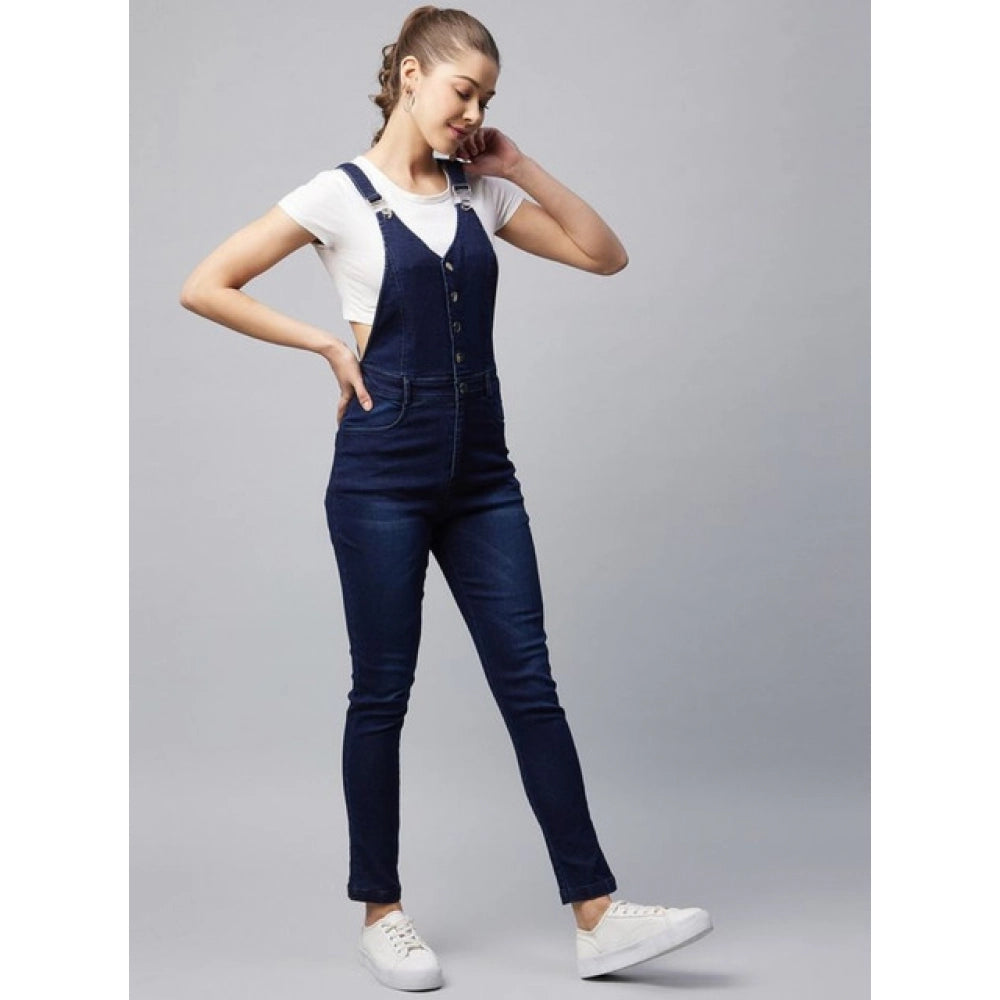 Generic Women's Denim Lycra Solid Buttoned Dungaree (Navy)