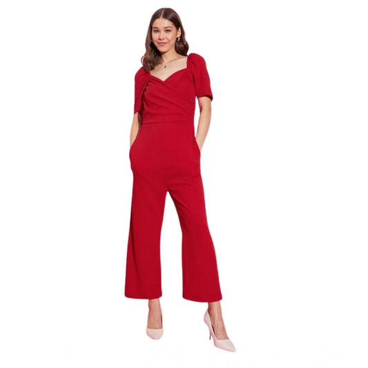 Women’s Red Puff Sleeve Sweetheart Neck Jumpsuit