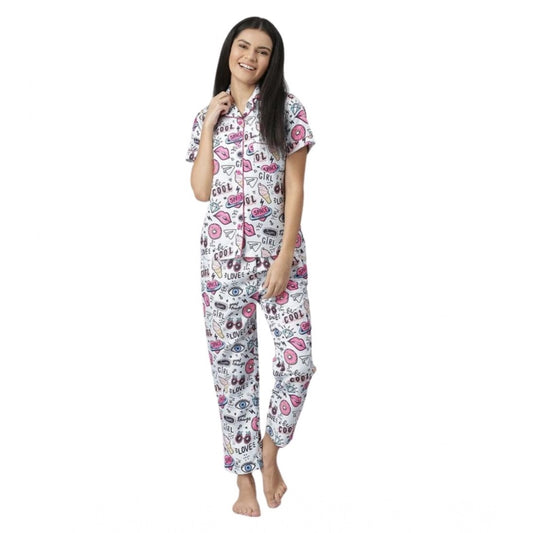 Generic Women's Cotton Blend Printed Short Sleeve Night Suit (Multicolor)