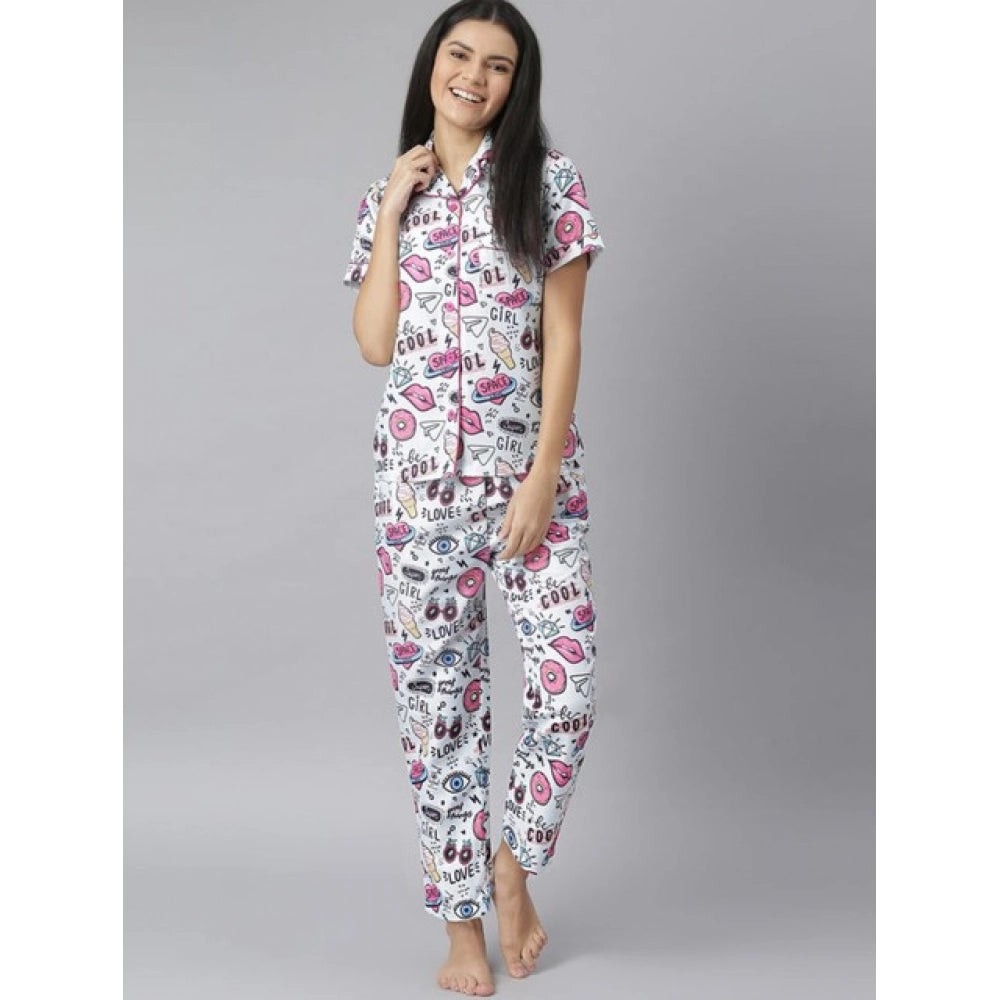 Generic Women's Cotton Blend Printed Short Sleeve Night Suit (Multicolor)
