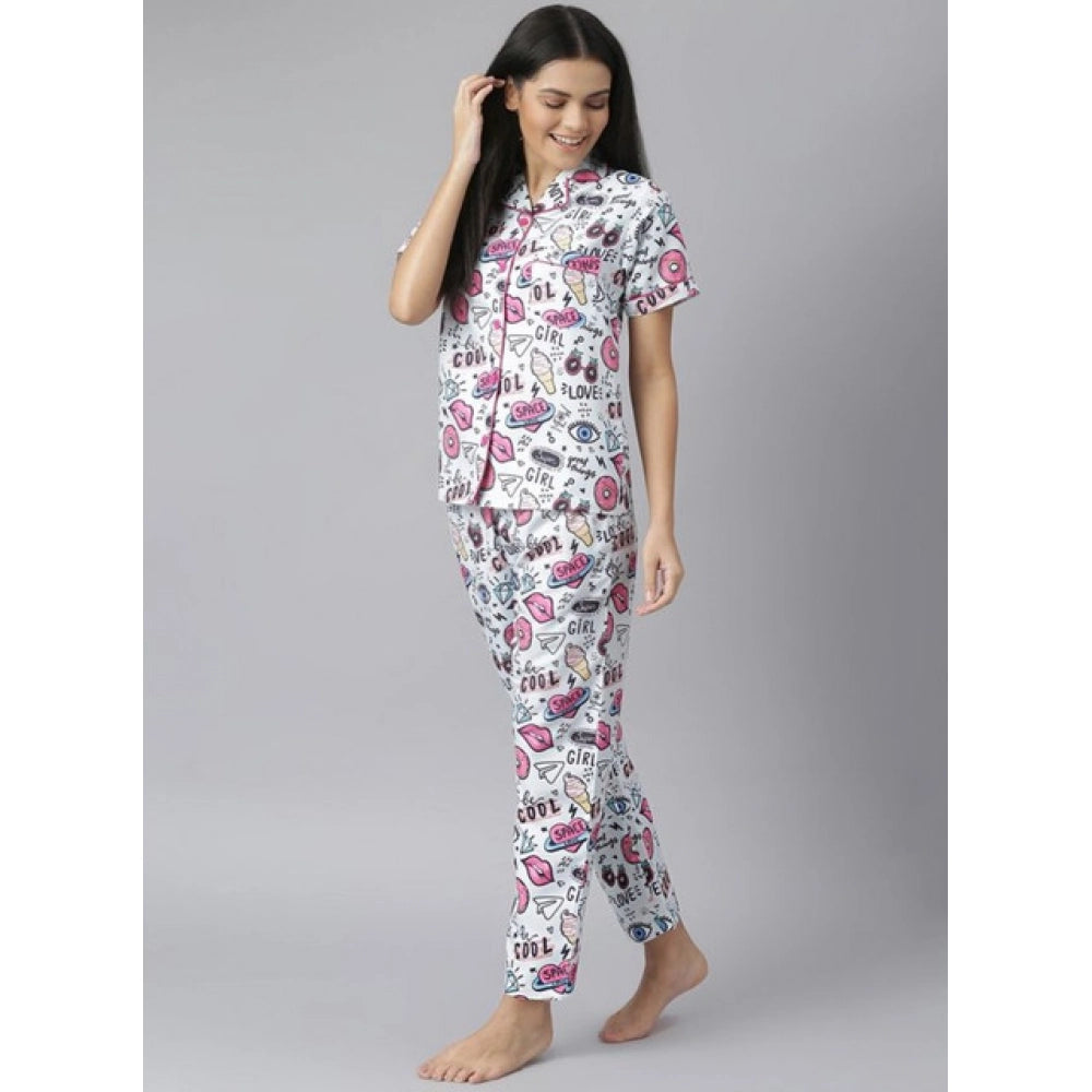 Generic Women's Cotton Blend Printed Short Sleeve Night Suit (Multicolor)
