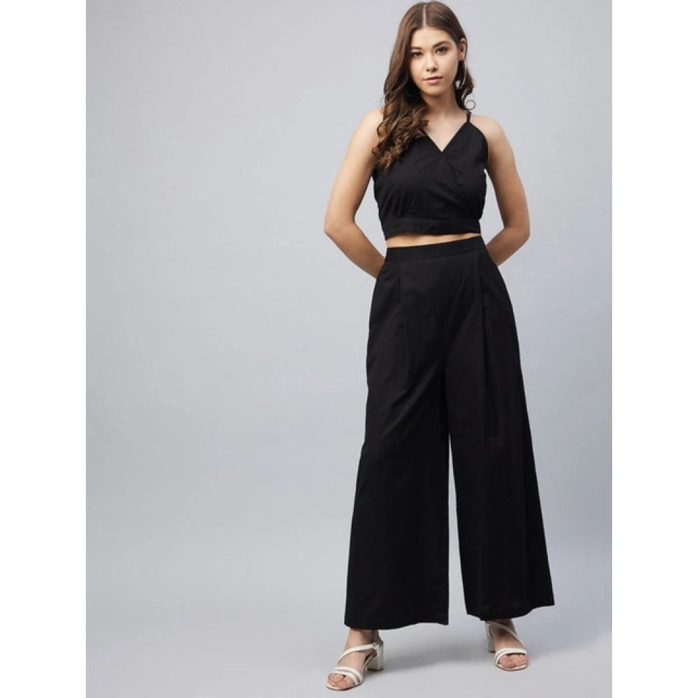 Women’s Black Cotton Linen Sleeveless Palazzo Set