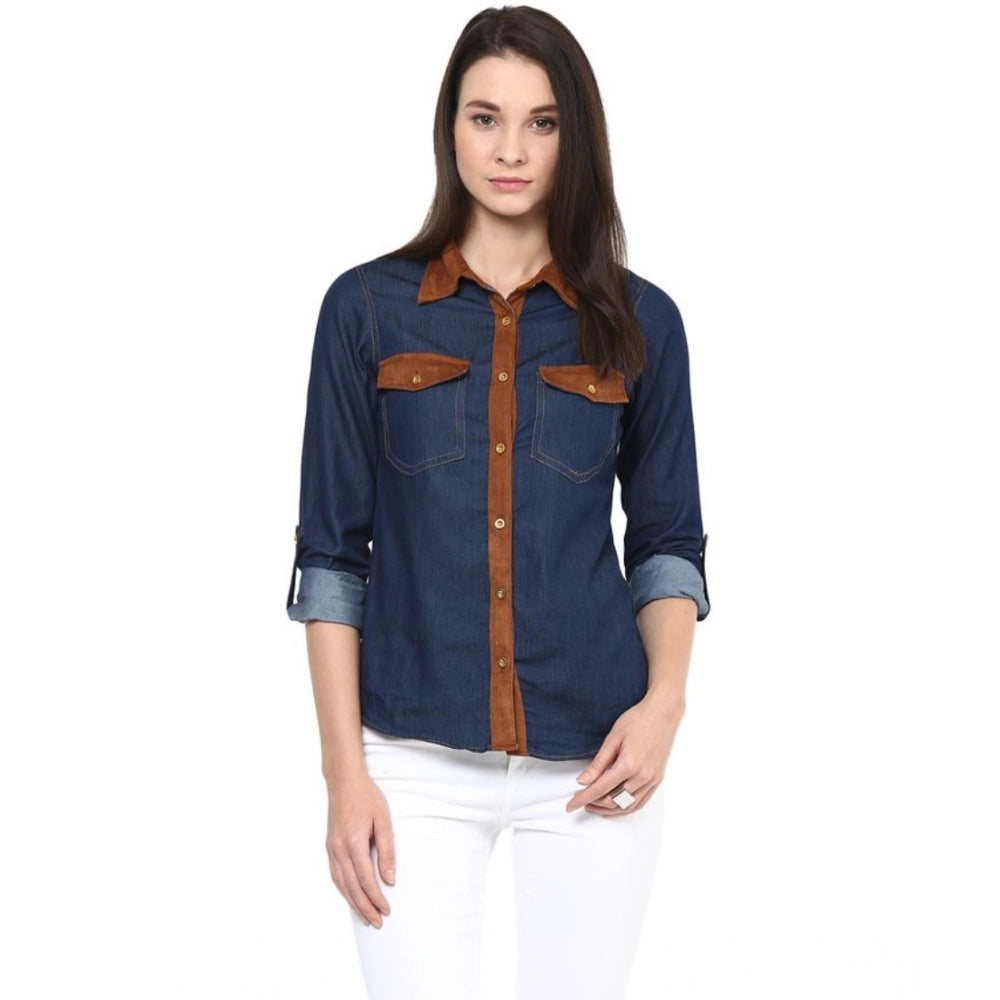 Women’s Blue Solid Denim Cotton-Based Long Sleeve Shirt