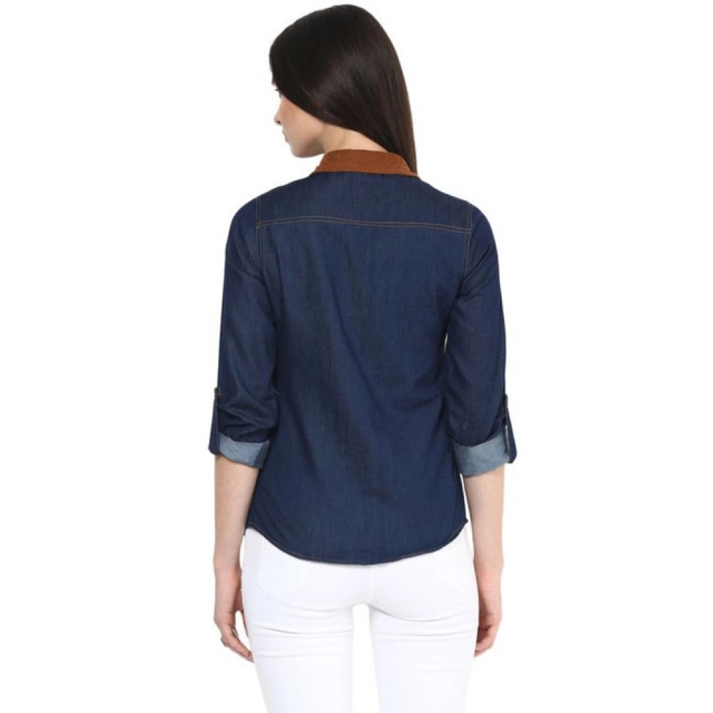 Women’s Blue Solid Denim Cotton-Based Long Sleeve Shirt