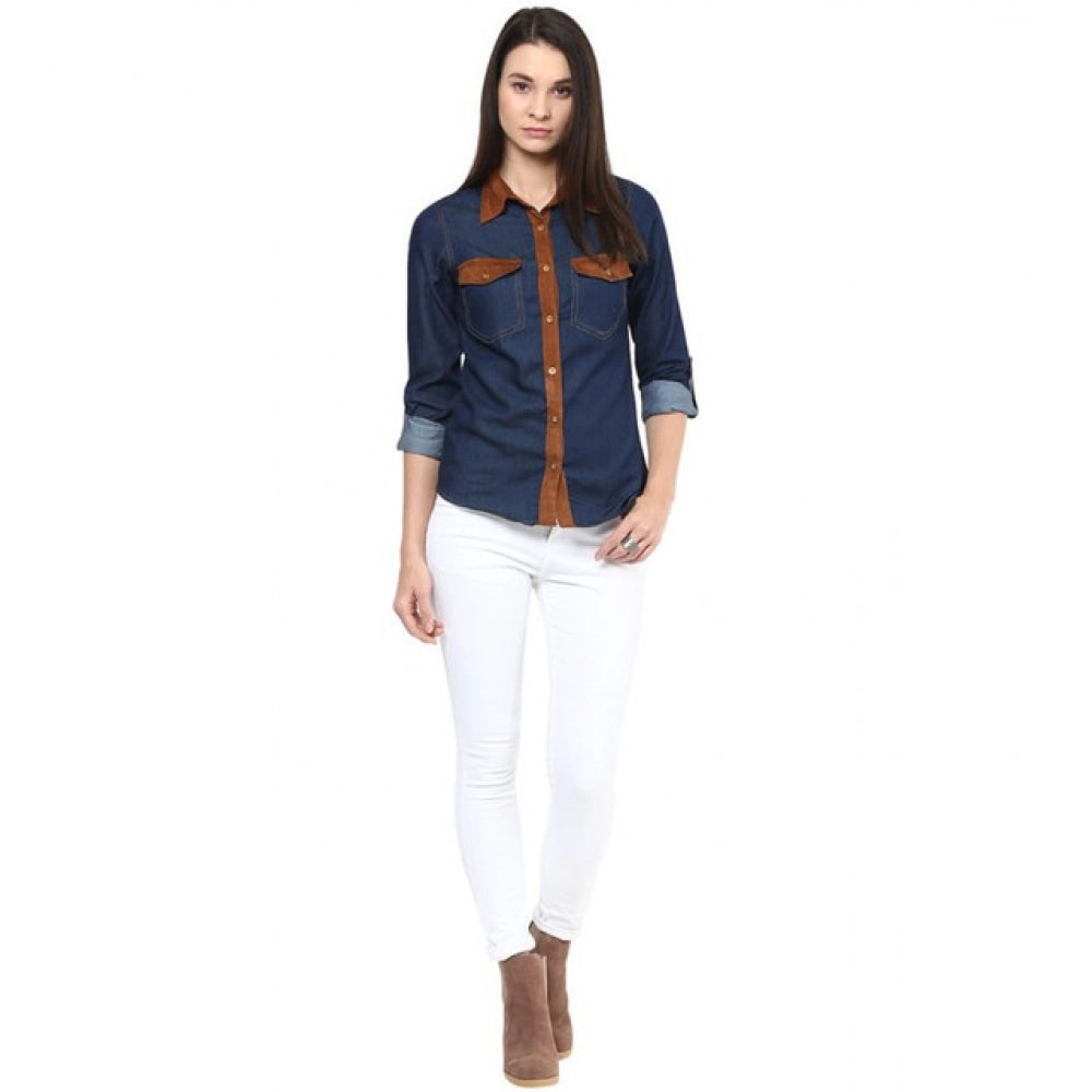 Women’s Blue Solid Denim Cotton-Based Long Sleeve Shirt