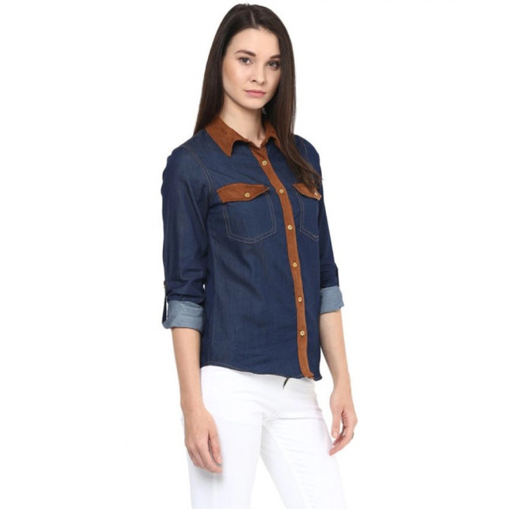 Women’s Blue Solid Denim Cotton-Based Long Sleeve Shirt