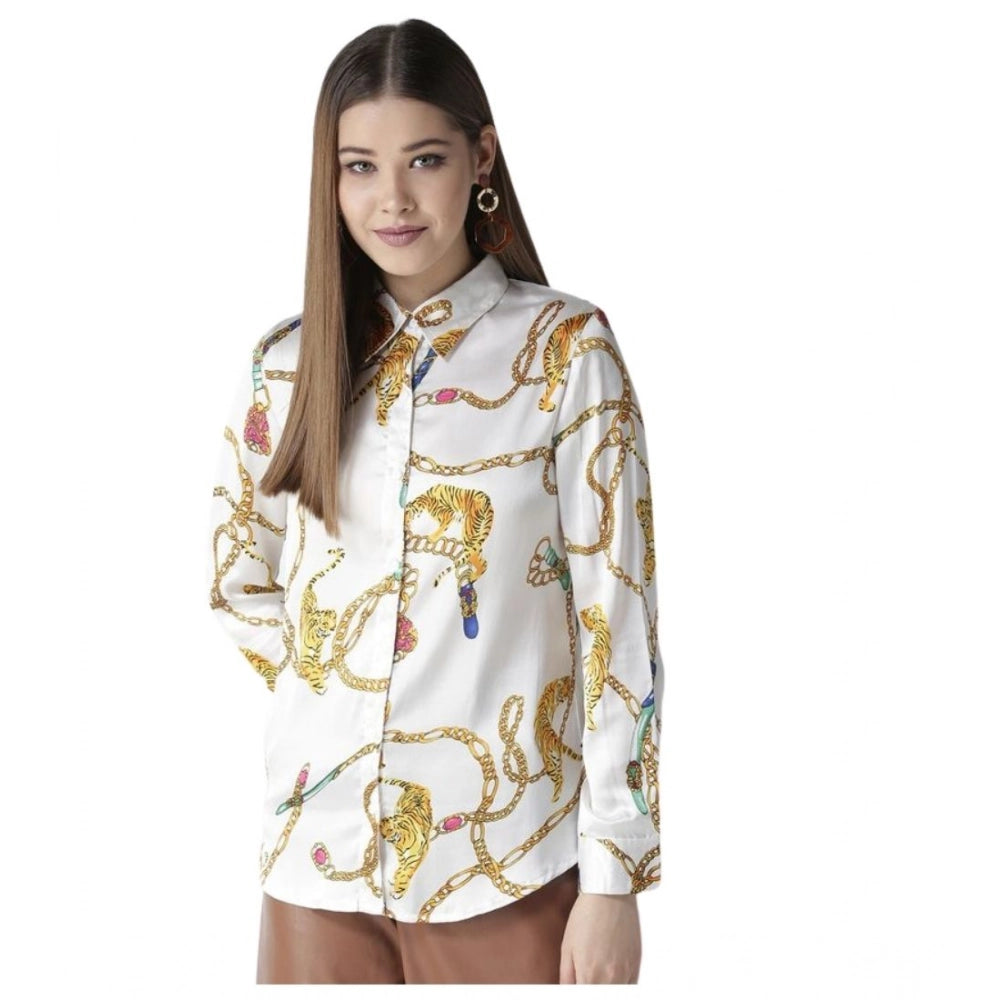Women’s White-Gold Satin Printed Long Sleeve Shirt