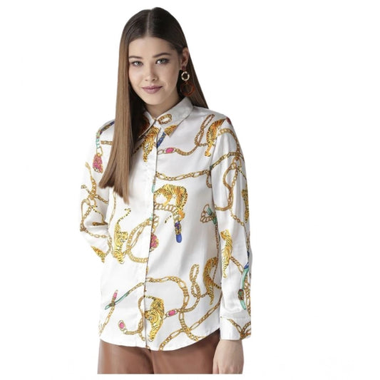 Women’s White-Gold Satin Printed Long Sleeve Shirt