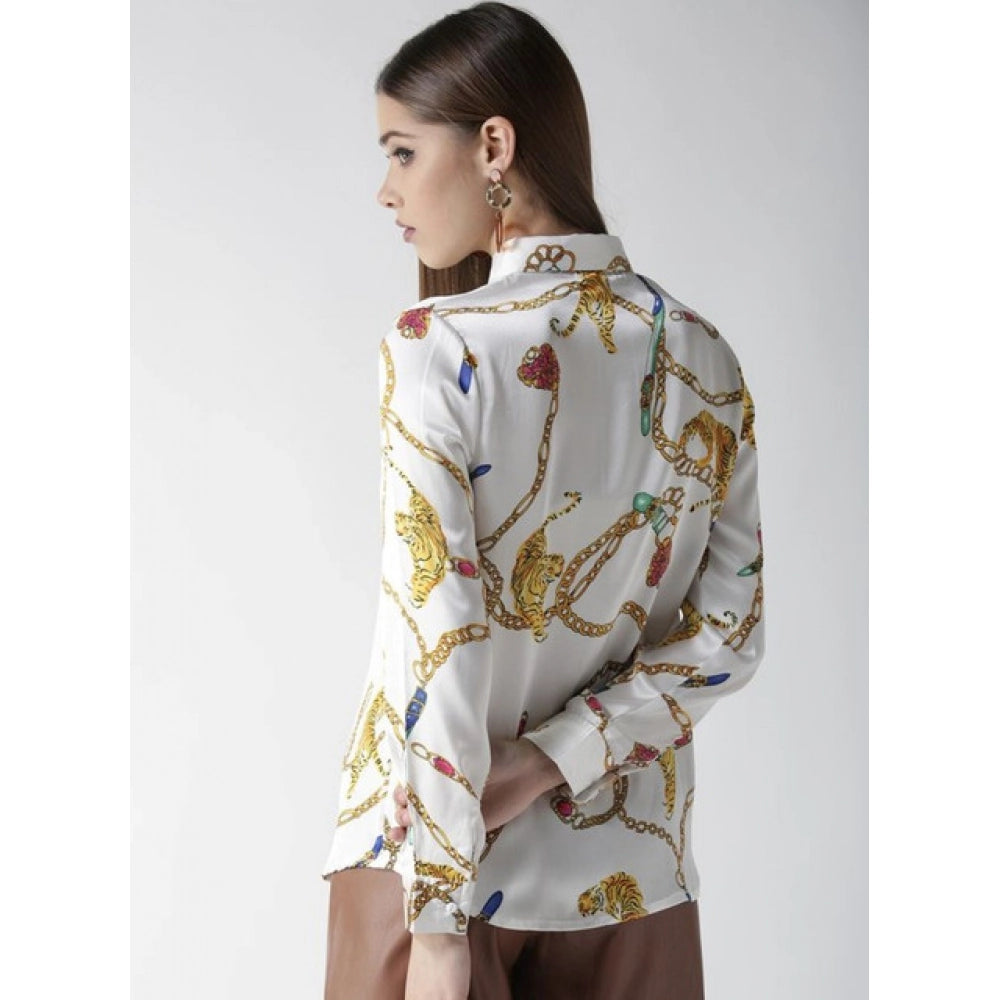 Women’s White-Gold Satin Printed Long Sleeve Shirt