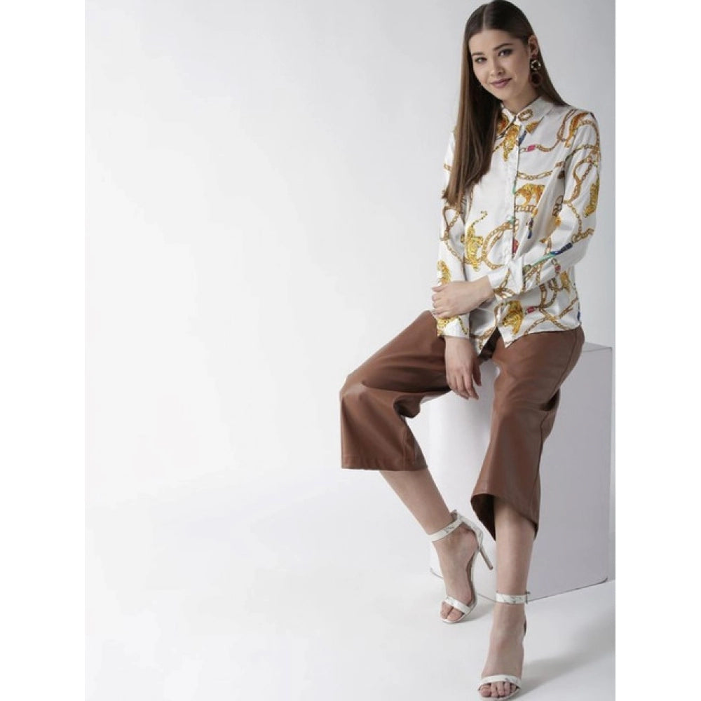 Women’s White-Gold Satin Printed Long Sleeve Shirt