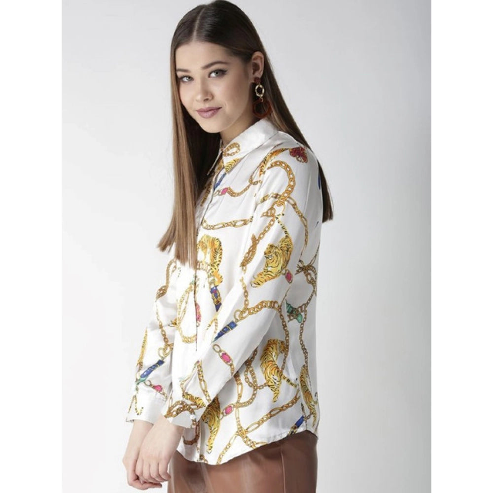 Women’s White-Gold Satin Printed Long Sleeve Shirt