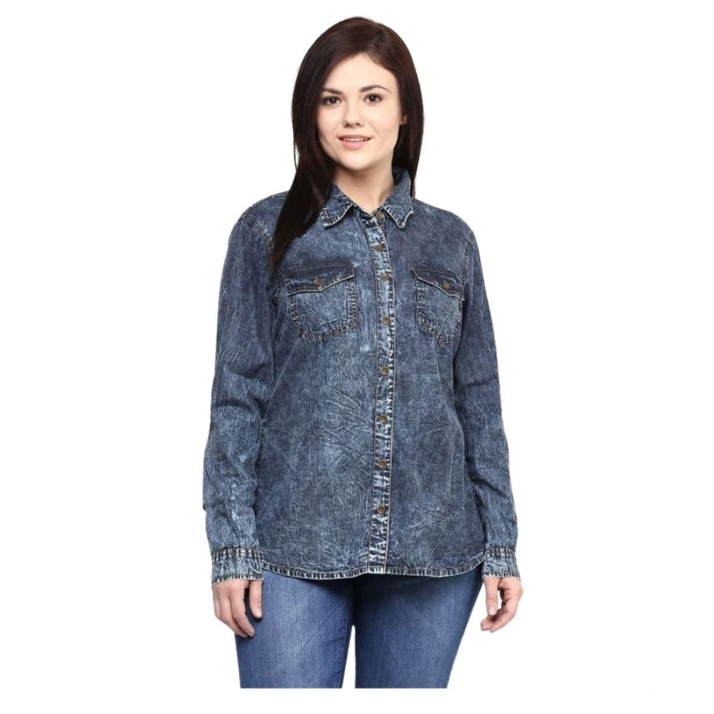 Women’s Blue Solid Denim Long Sleeve Shirt