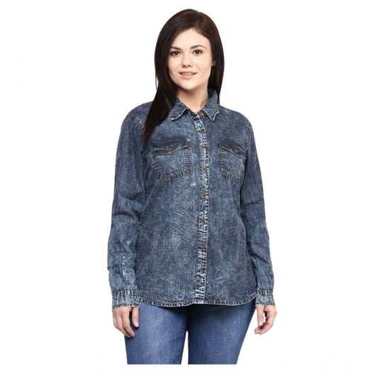 Women’s Blue Solid Denim Long Sleeve Shirt