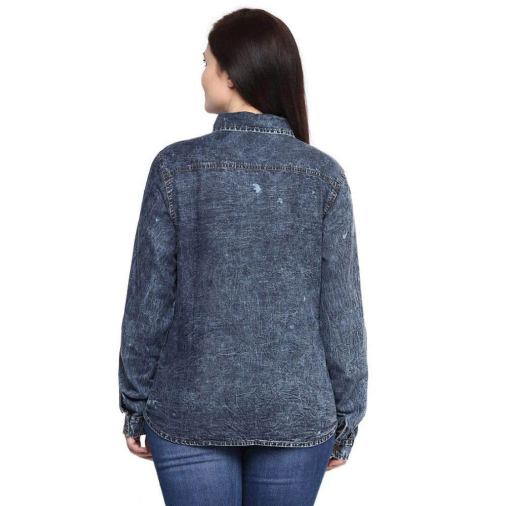 Women’s Blue Solid Denim Long Sleeve Shirt