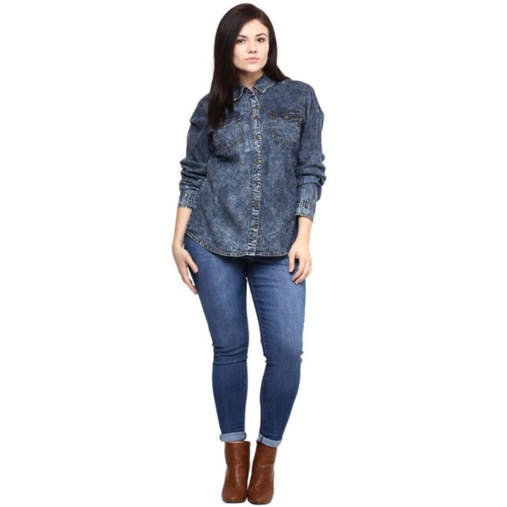 Women’s Blue Solid Denim Long Sleeve Shirt