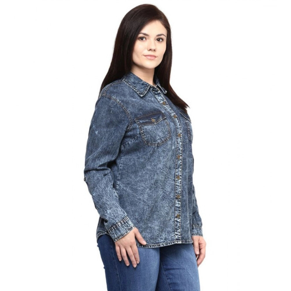 Women’s Blue Solid Denim Long Sleeve Shirt