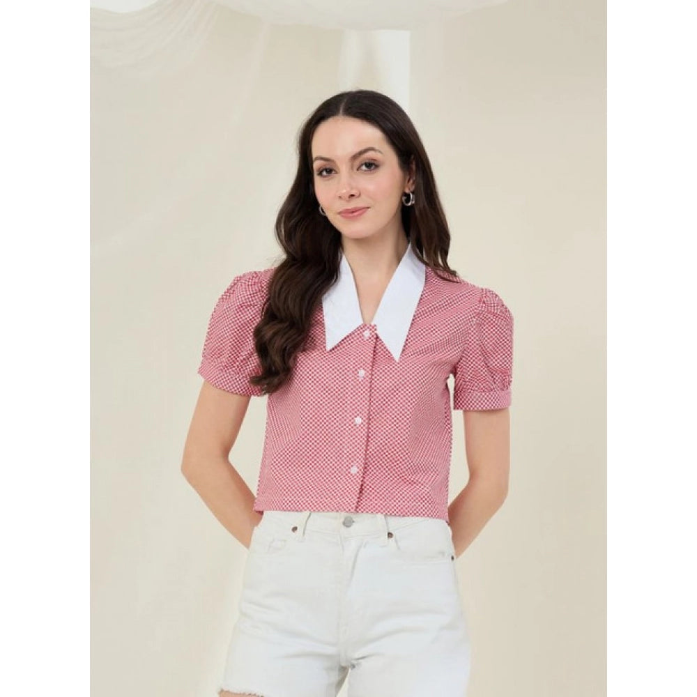 Women's Cotton Checkered Half Sleeve Casual Shirt – Red & White