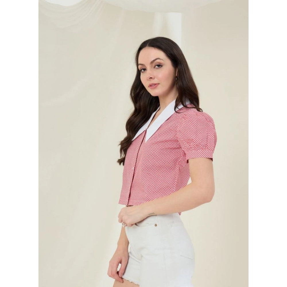 Women's Cotton Checkered Half Sleeve Casual Shirt – Red & White