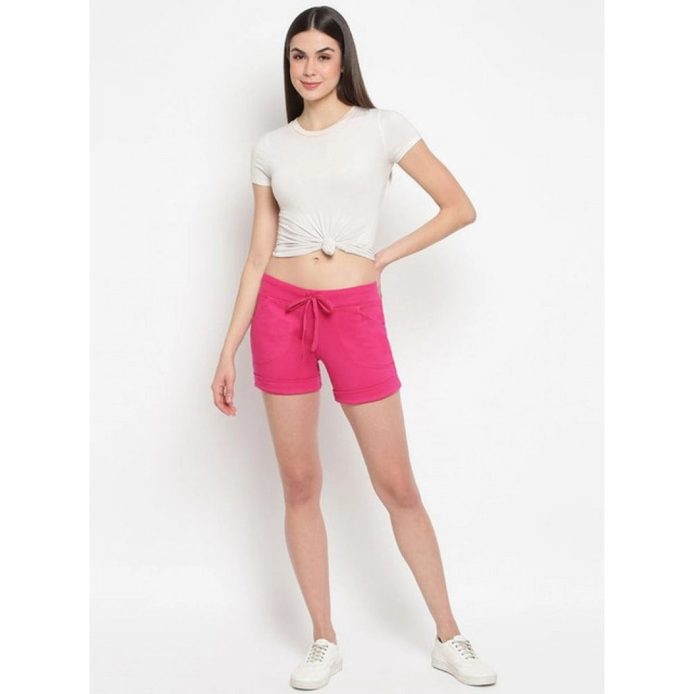 Generic Women's Cotton Solid Elasticated Shorts (Pink)