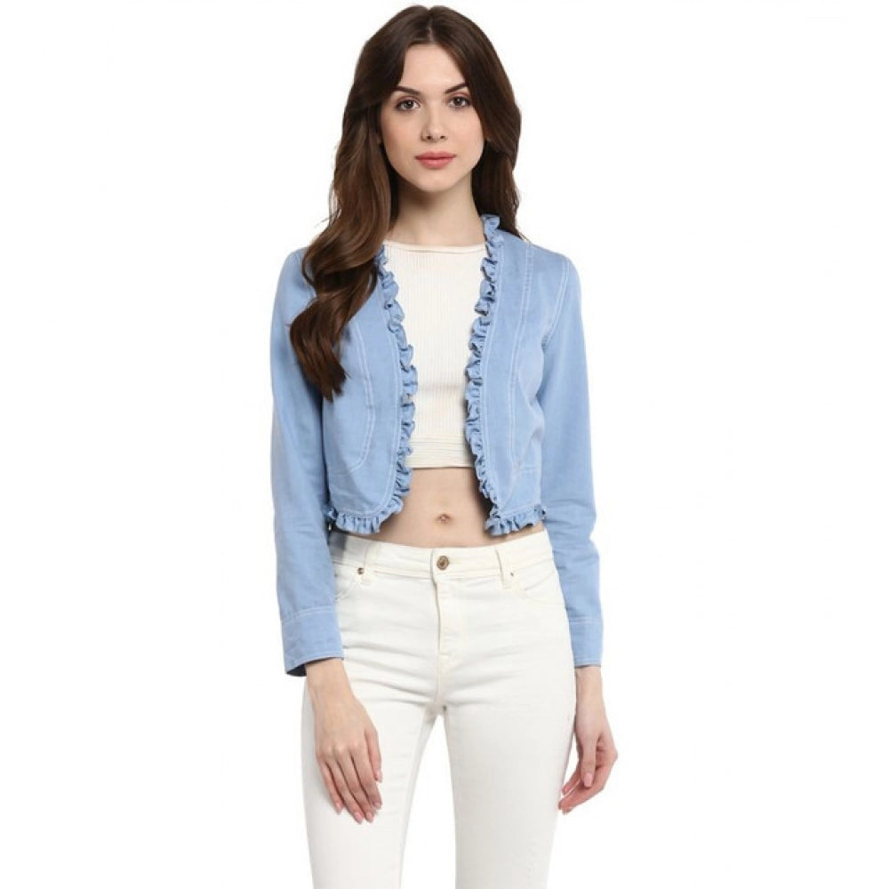 Women’s Blue Ruffled Denim Long Sleeve Front Open Shrug
