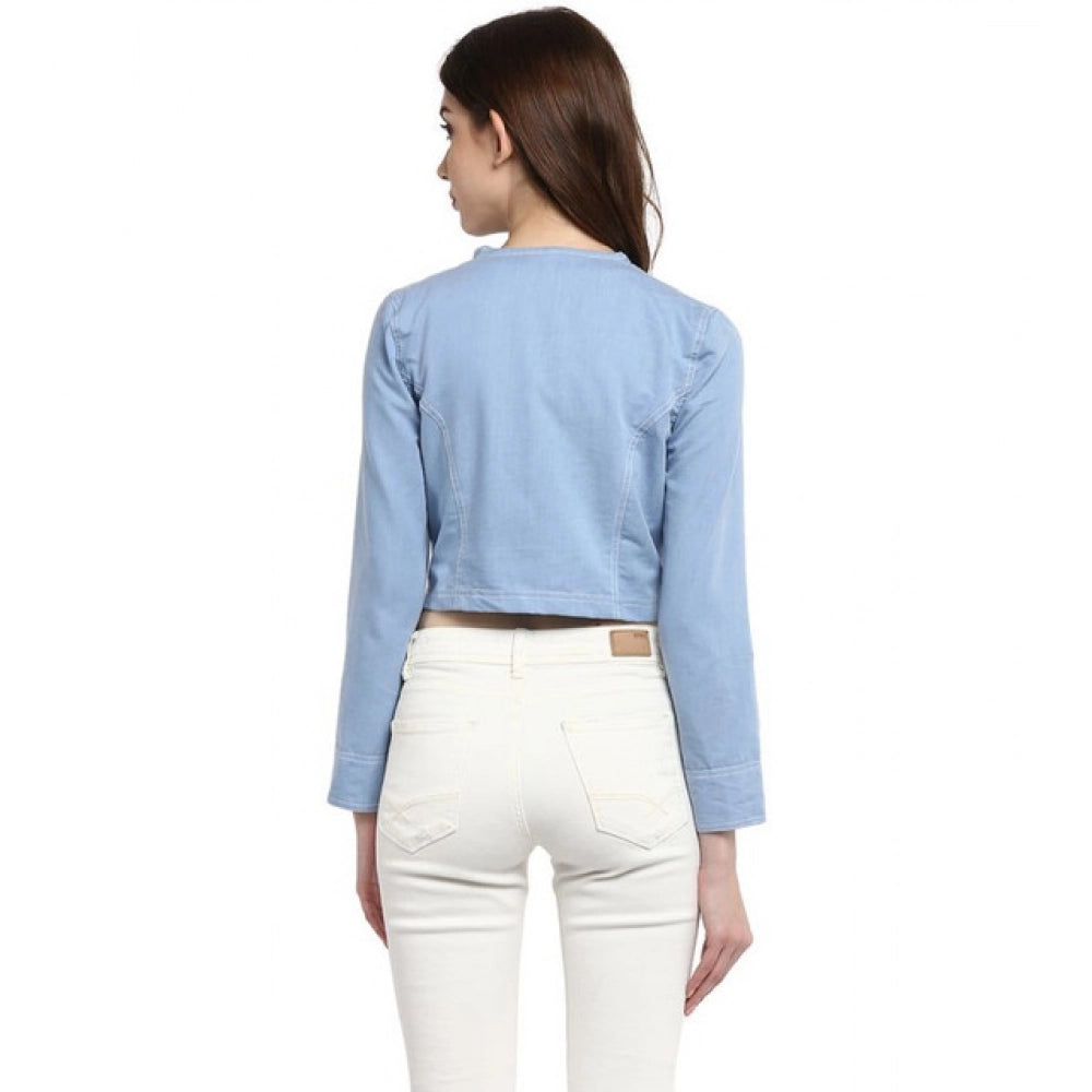 Women’s Blue Ruffled Denim Long Sleeve Front Open Shrug