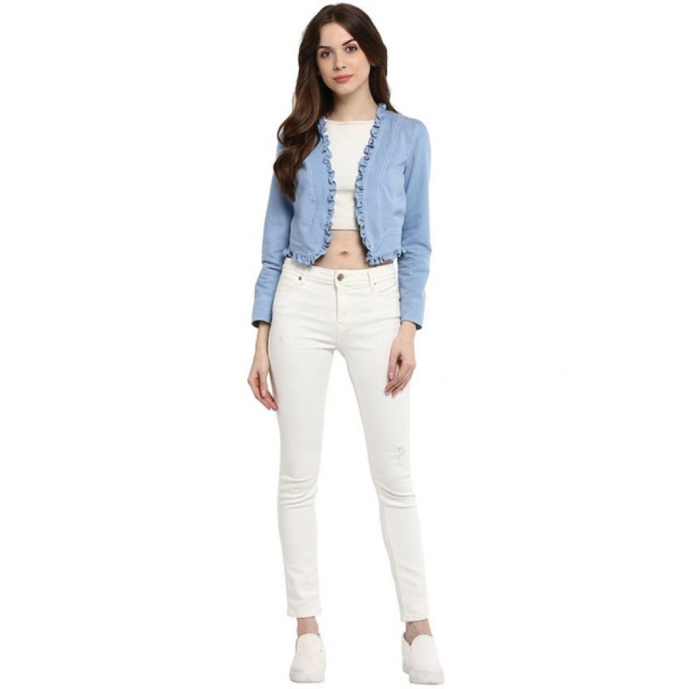 Women’s Blue Ruffled Denim Long Sleeve Front Open Shrug