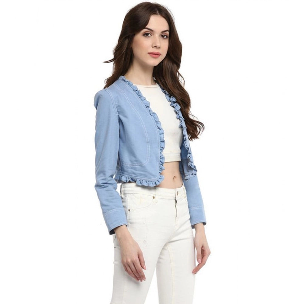 Women’s Blue Ruffled Denim Long Sleeve Front Open Shrug
