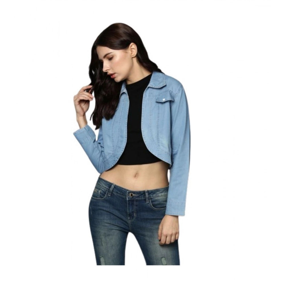 Women’s Blue Solid Denim 3/4 Sleeve Collared Shrug