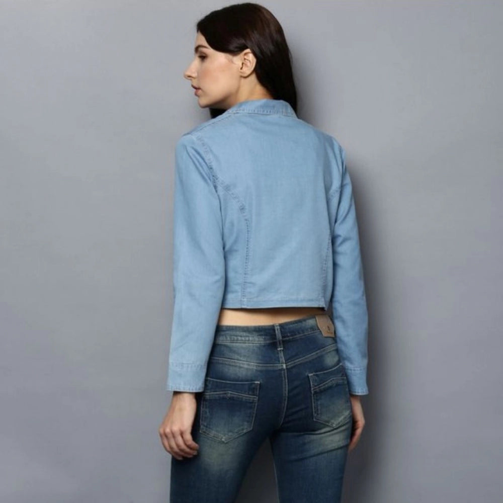 Women’s Blue Solid Denim 3/4 Sleeve Collared Shrug