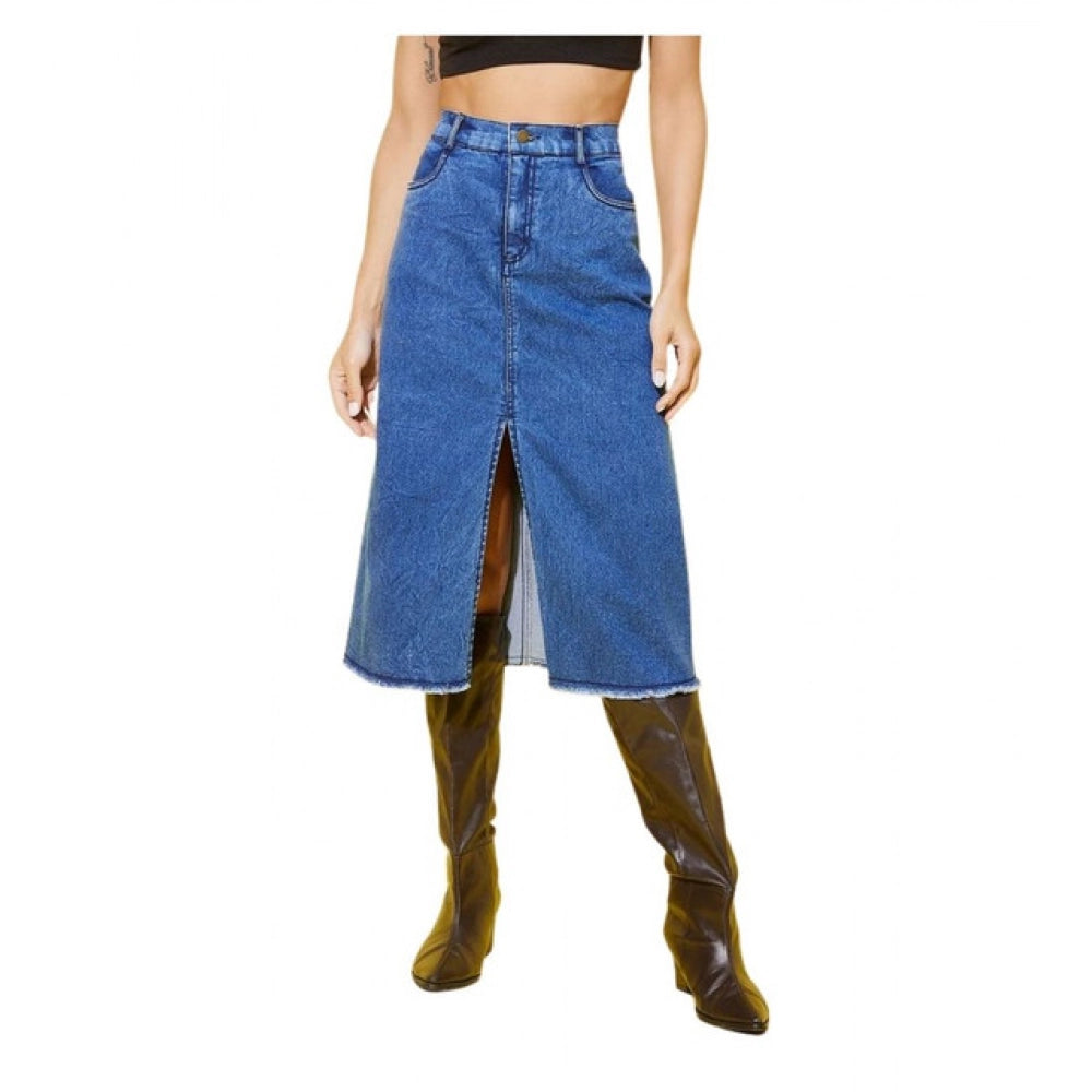 Women’s Blue Solid Denim Buttoned Calf-Length Skirt
